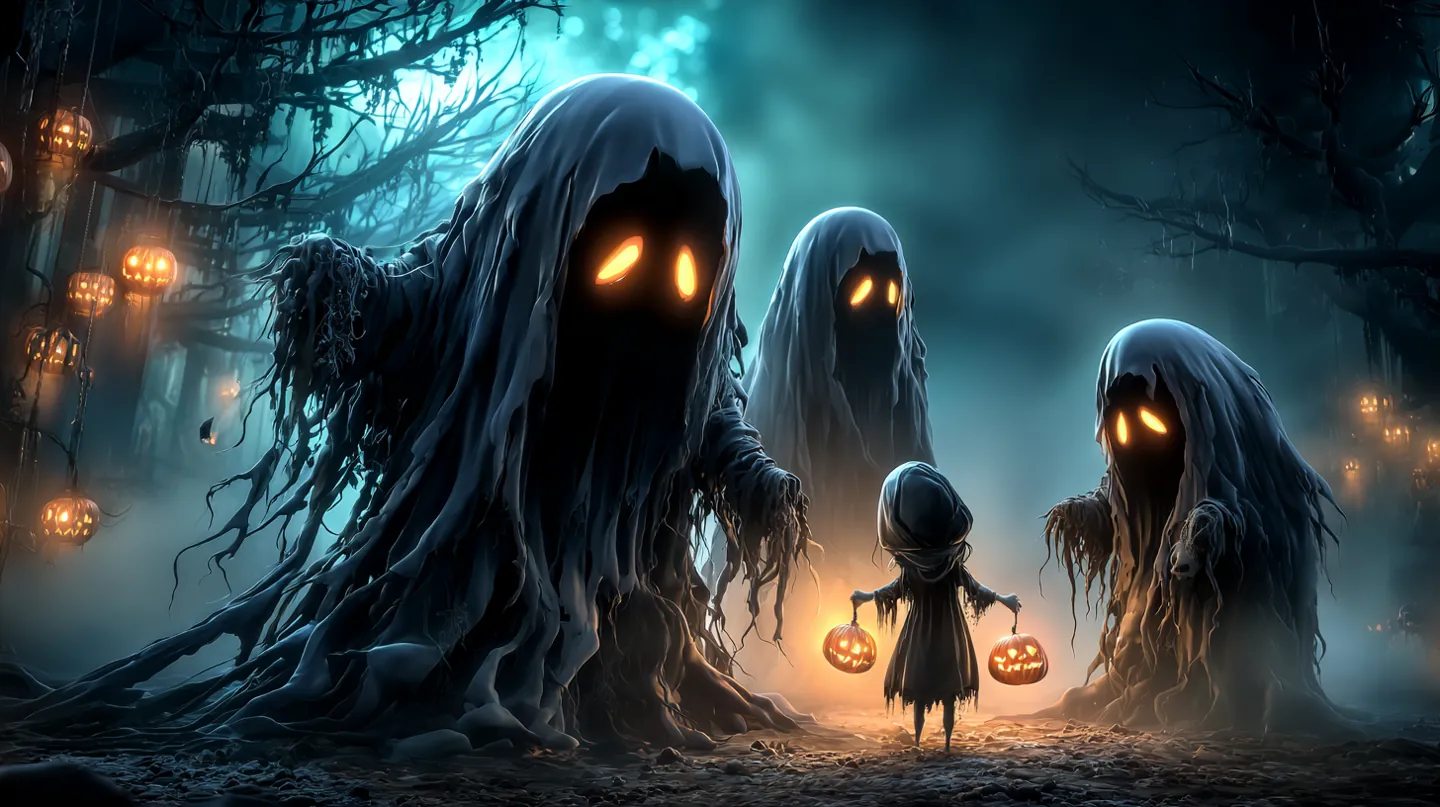 Lantern-lit ghosts gathering in a moonlit forest